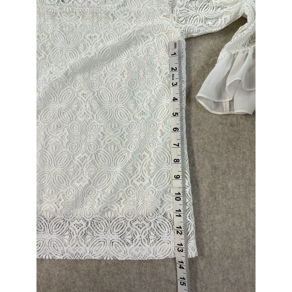 White House Black Market Lined White Lace Top Chiffon Ruffle Sleeves Sze S - Picture 13 of 16